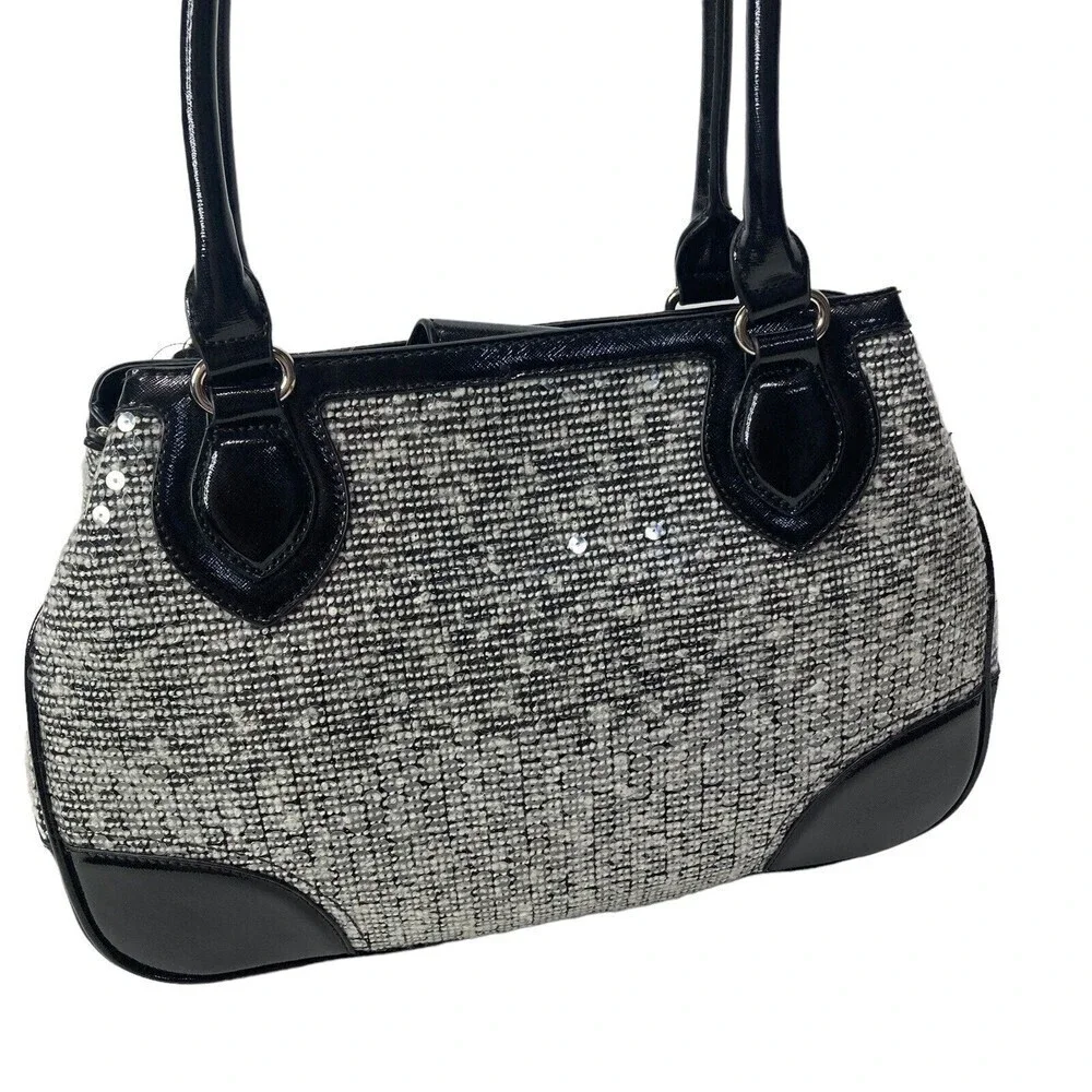 NWT NINE WEST‎ Handbag Satchel Double Handle Black White Sequins  15x10x5.5